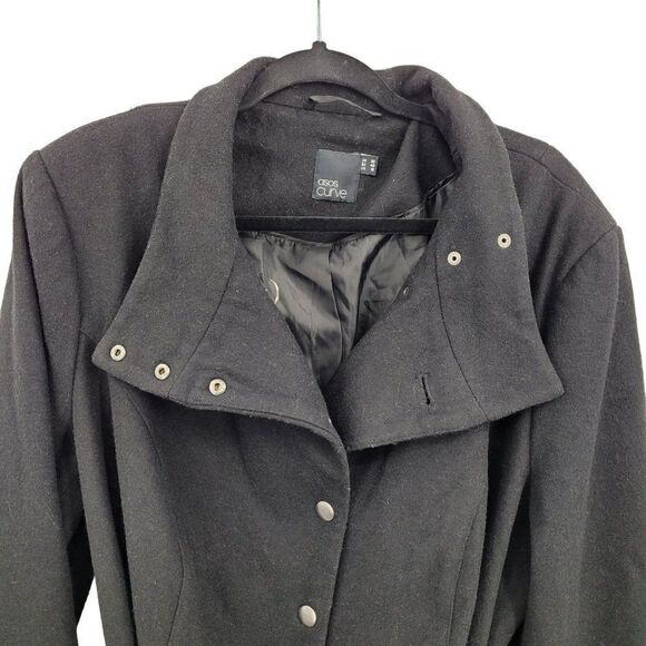 ASOS Curve Peacoat Wool Feminine Military Belted Long Black 16 Trenchcore - Picture 8 of 17